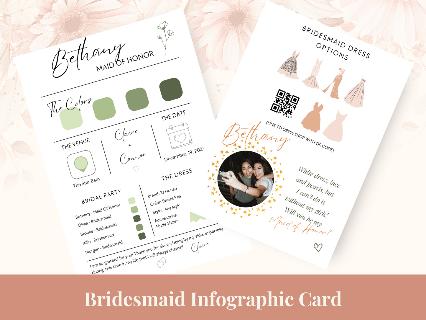Bridesmaid Info Card Template | Editable Canva Wedding Party Details Card