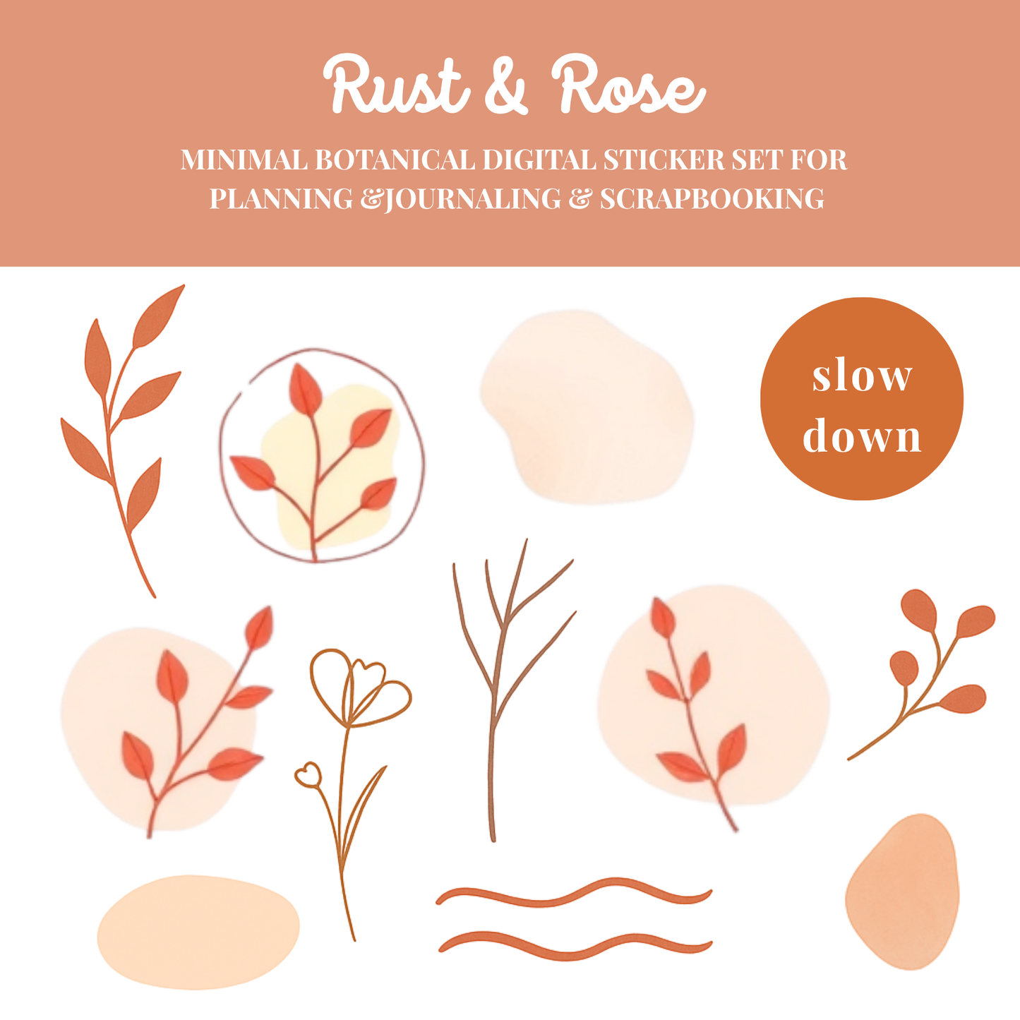 Rust & Rose – Watercolor Botanical Stickers for Digital Planning, Journaling & Scrapbooking