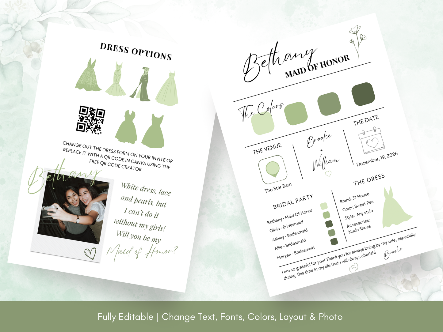Bridesmaid Info Card Template | Editable Canva Wedding Party Details Card