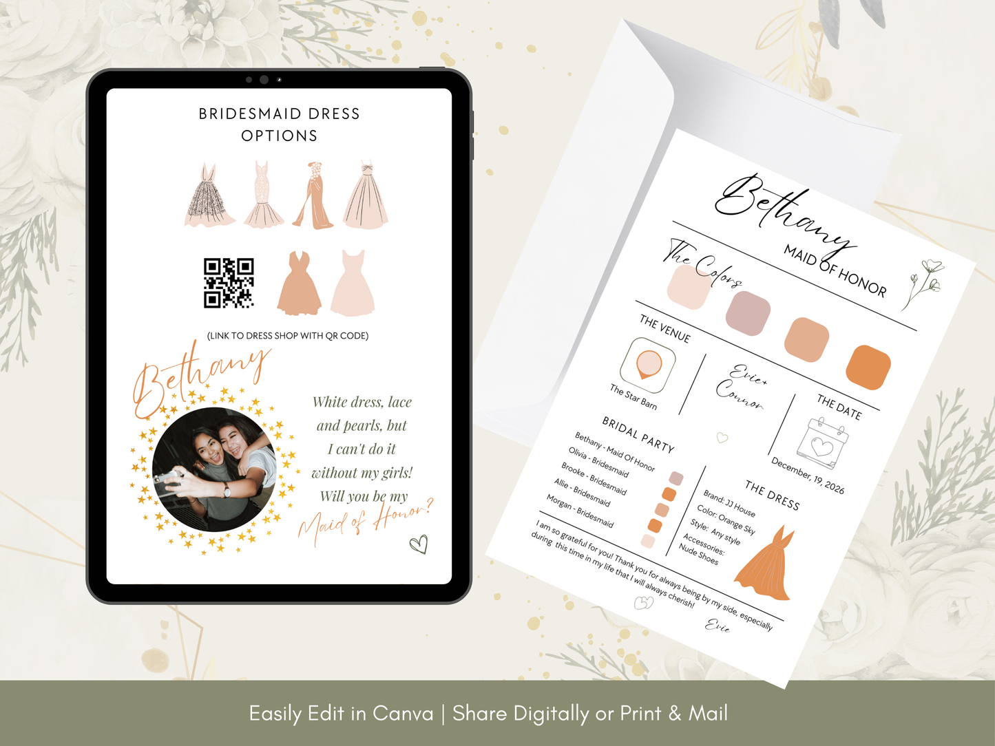 Bridesmaid Info Card Template | Editable Canva Wedding Party Details Card