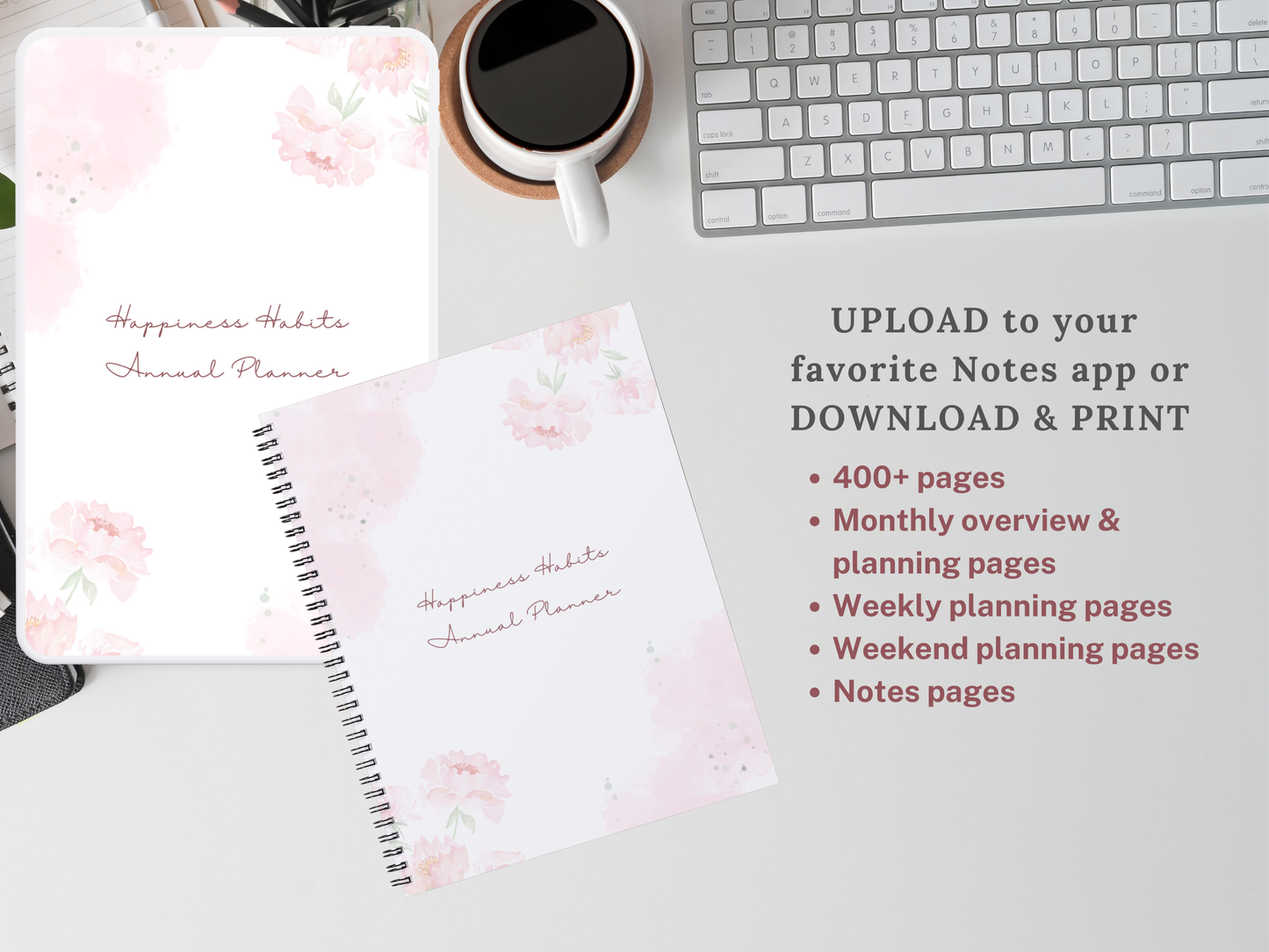 Happiness Habits Planner • Undated 12-Month Digital Planner • Daily, Weekly & Monthly Pages • Printable + Goodnotes + reMarkable