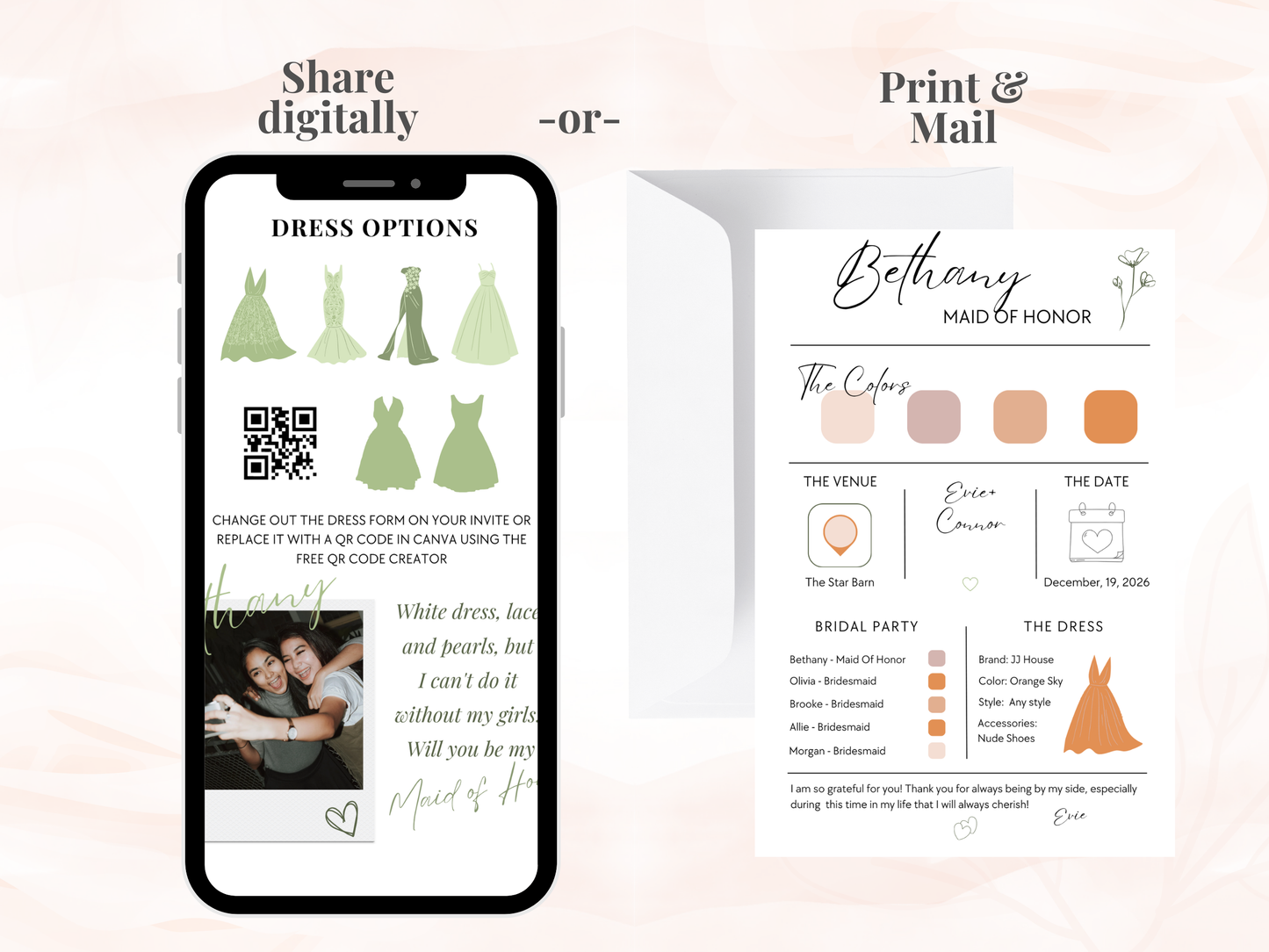 Bridesmaid Info Card Template | Editable Canva Wedding Party Details Card