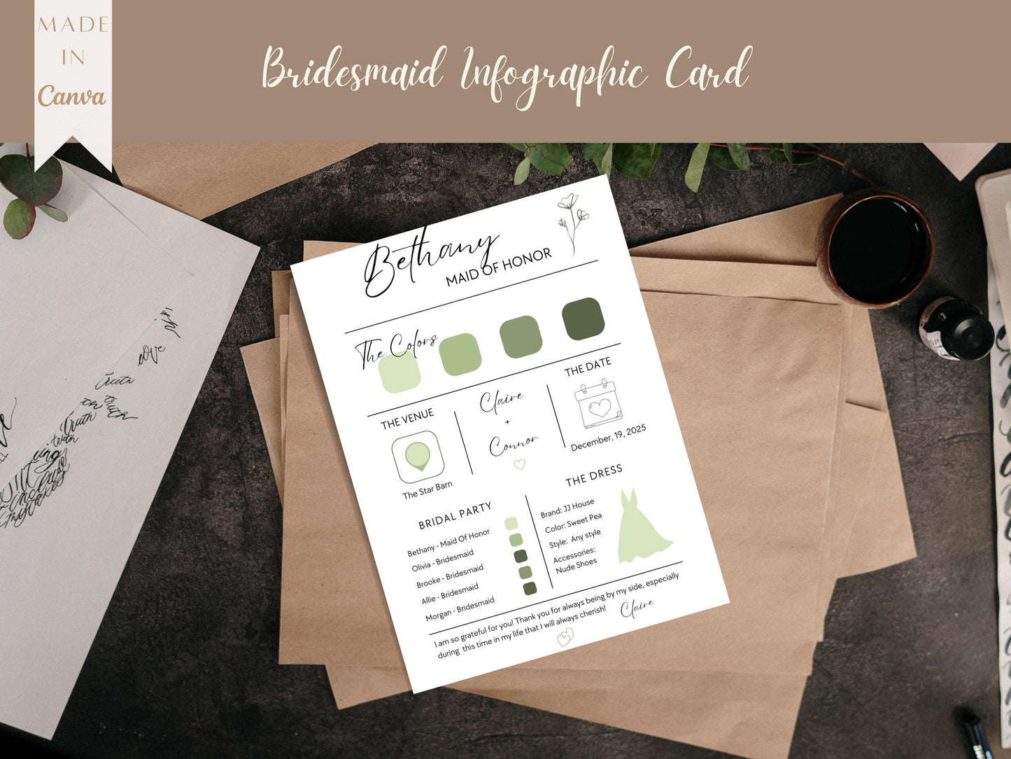 Bridesmaid Info Card Template | Editable Canva Wedding Party Details Card | Maid of Honor & Bridesmaids Guide | Digital Download