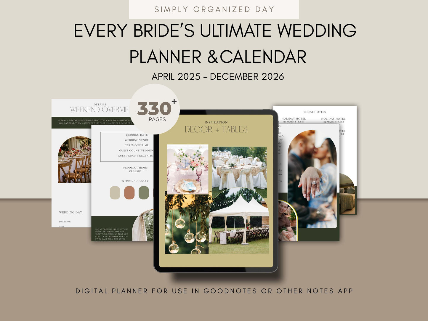 Digital Wedding Planner & 20 Month Calendar Bundle in Sage Green
