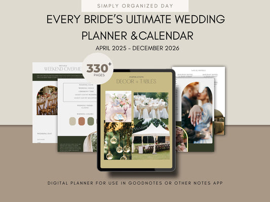 Digital Wedding Planner & 20 Month Calendar Bundle in Sage Green