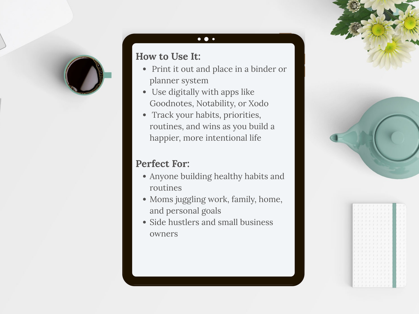 Happiness Habits Planner • Undated 12-Month Digital Planner • Daily, Weekly & Monthly Pages • Printable + Goodnotes + reMarkable