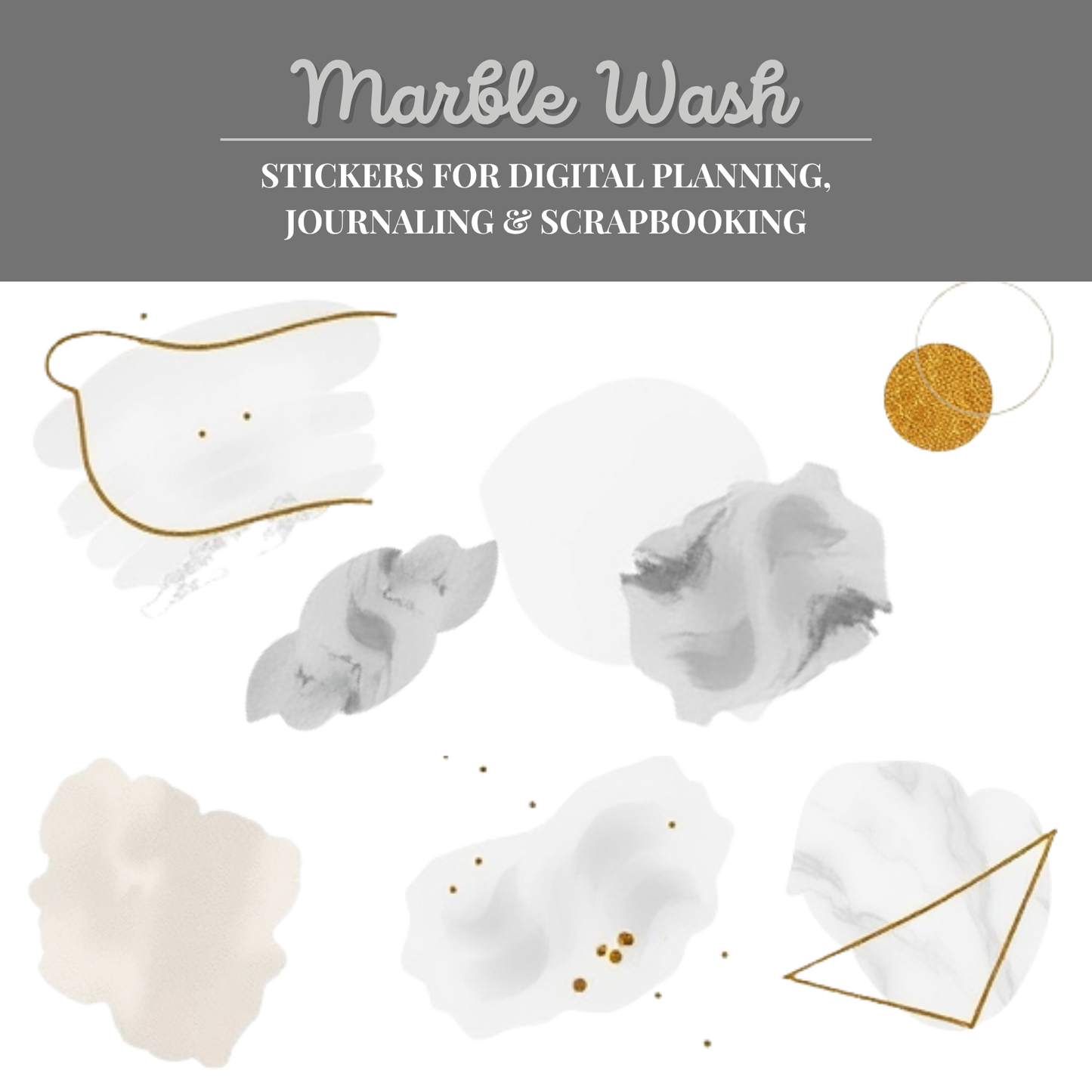 Modern Luxe – Gold Glitter & Marble Wash Digital Stickers for Planning, Journaling & Scrapbooking
