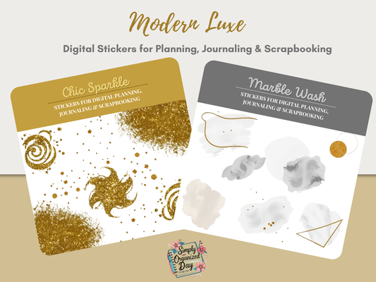 Modern Luxe – Gold Glitter & Marble Wash Digital Stickers for Planning, Journaling & Scrapbooking