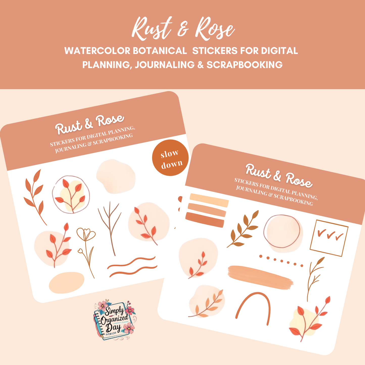 Rust & Rose – Watercolor Botanical Stickers for Digital Planning, Journaling & Scrapbooking