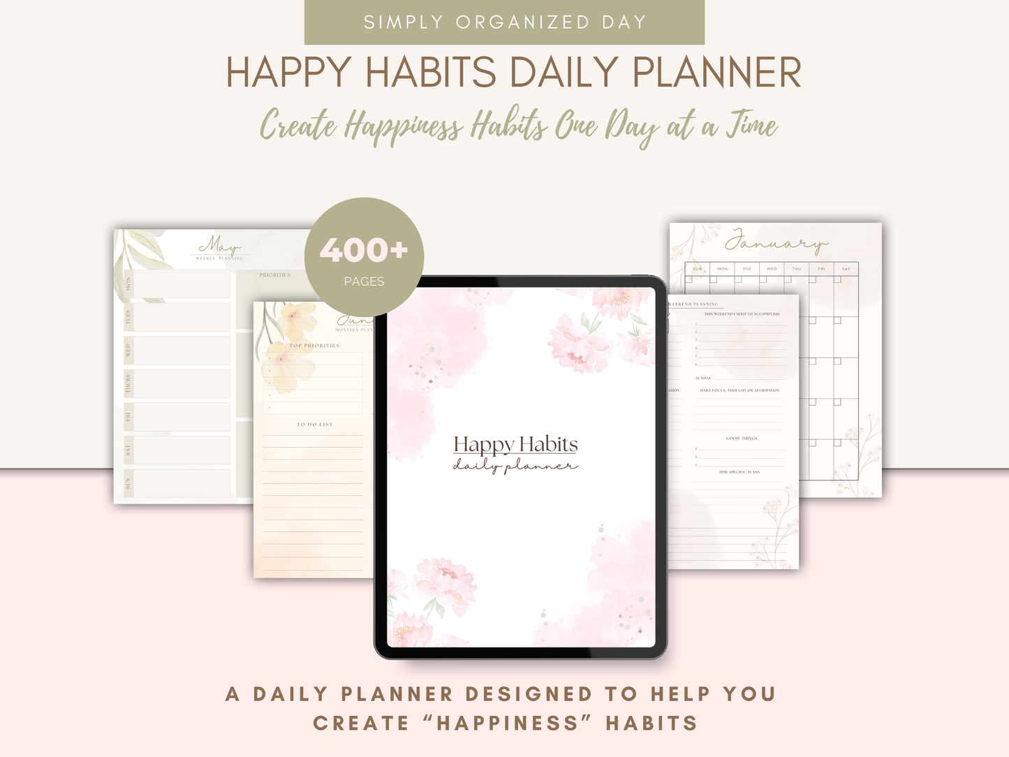 Happiness Habits Planner • Undated 12-Month Digital Planner • Daily, Weekly & Monthly Pages • Printable + Goodnotes + reMarkable