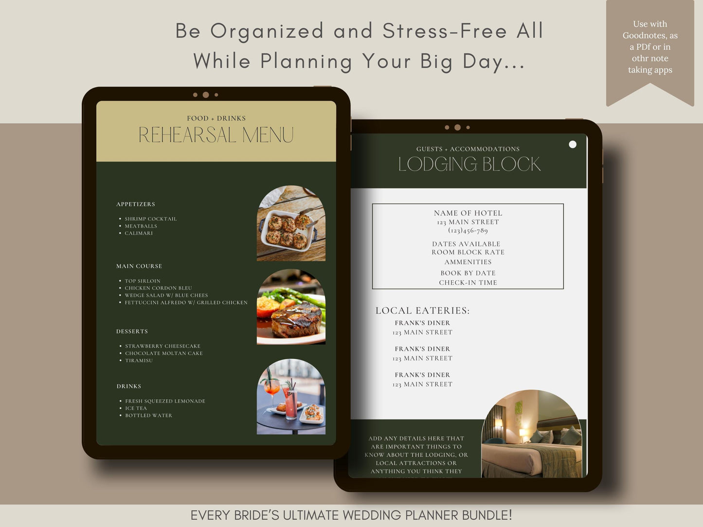 Digital Wedding Planner & 20 Month Calendar Bundle in Sage Green
