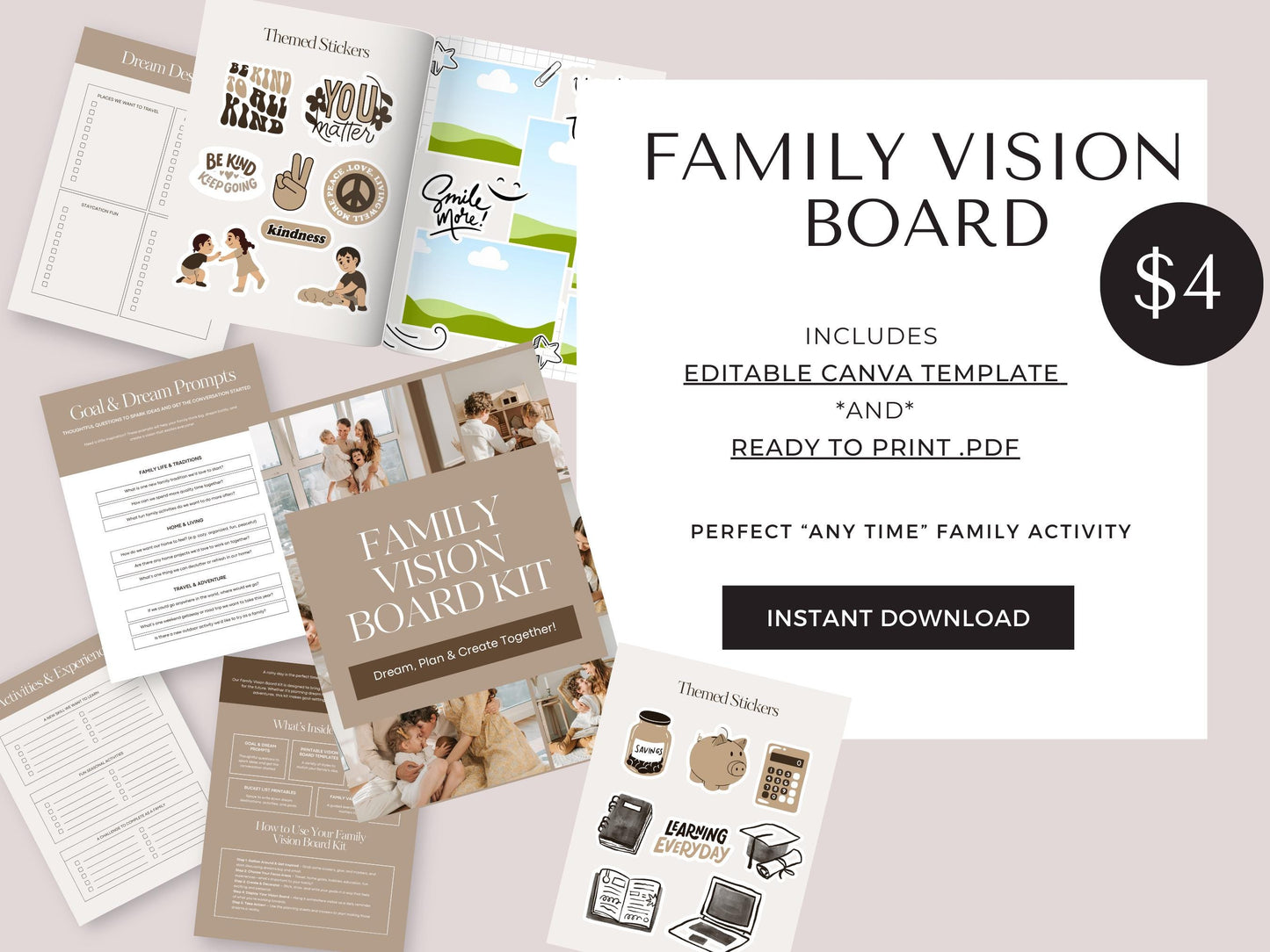 Family Vision Board Kit | 24-Page Editable & Printable PDF + Canva Template | Teach your children about goals, values and visions