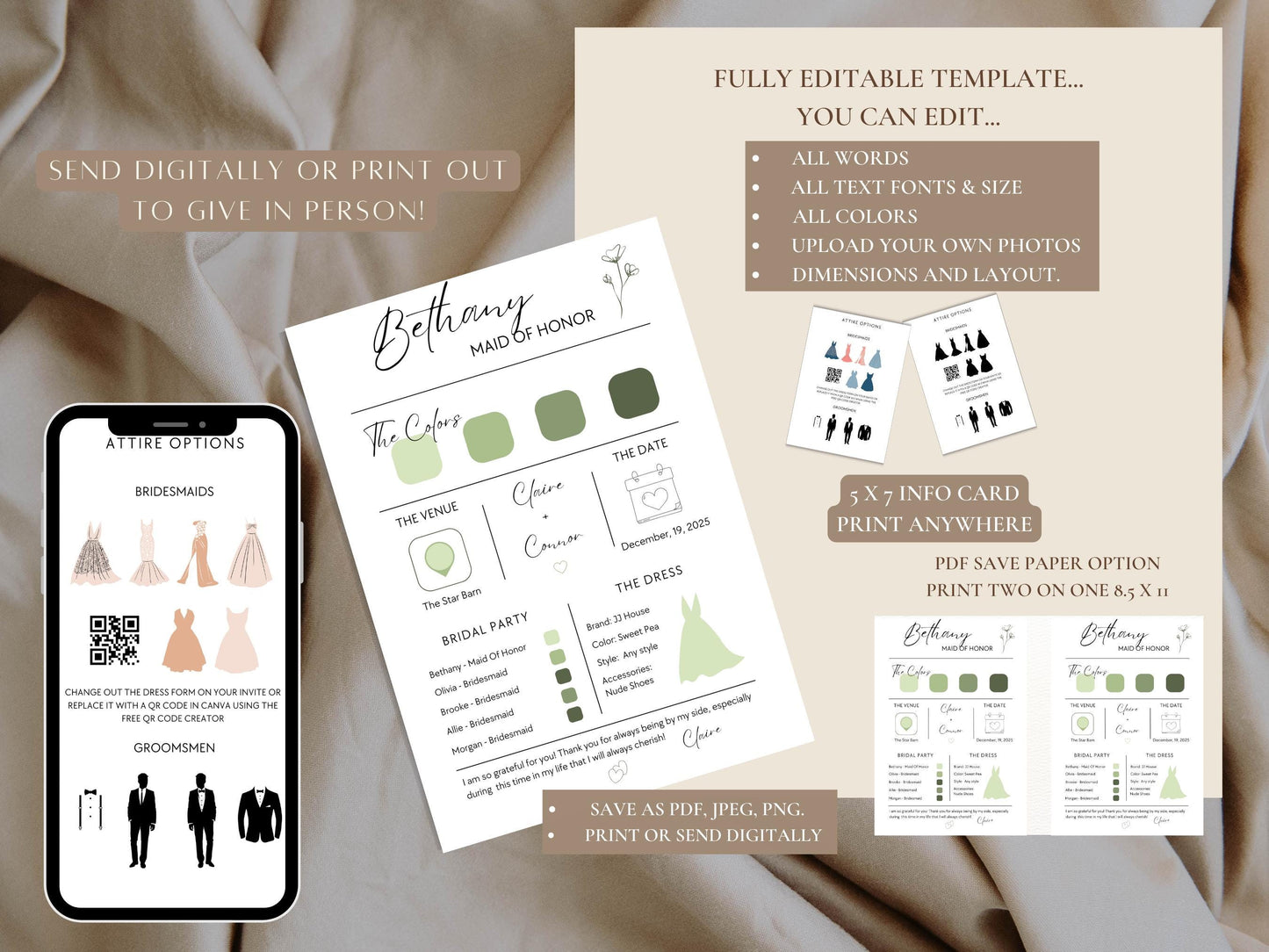 Bridesmaid Info Card Template | Editable Canva Wedding Party Details Card | Maid of Honor & Bridesmaids Guide | Digital Download