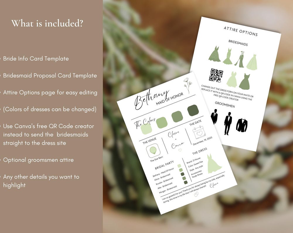 Bridesmaid Info Card Template | Editable Canva Wedding Party Details Card